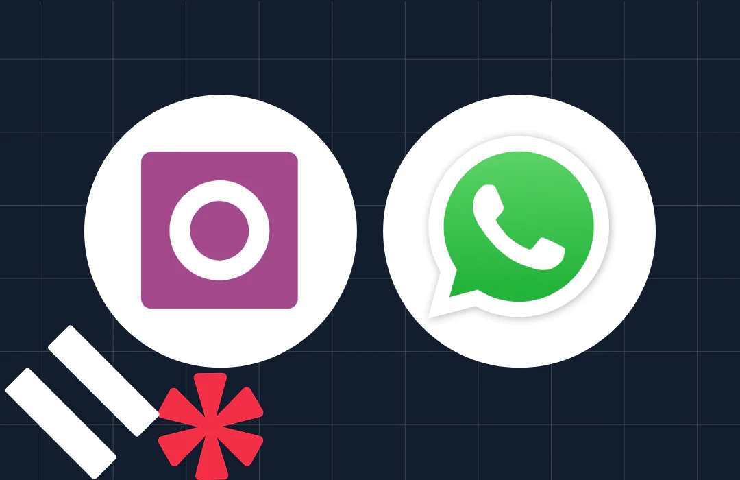 Two circular icons for Instagram and WhatsApp on a dark grid background with additional decorative elements.