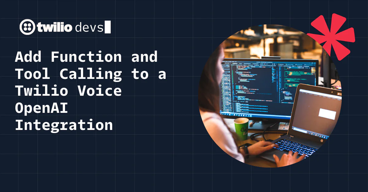 Developer integrating Twilio Voice and OpenAI on a laptop with programming code on screens.