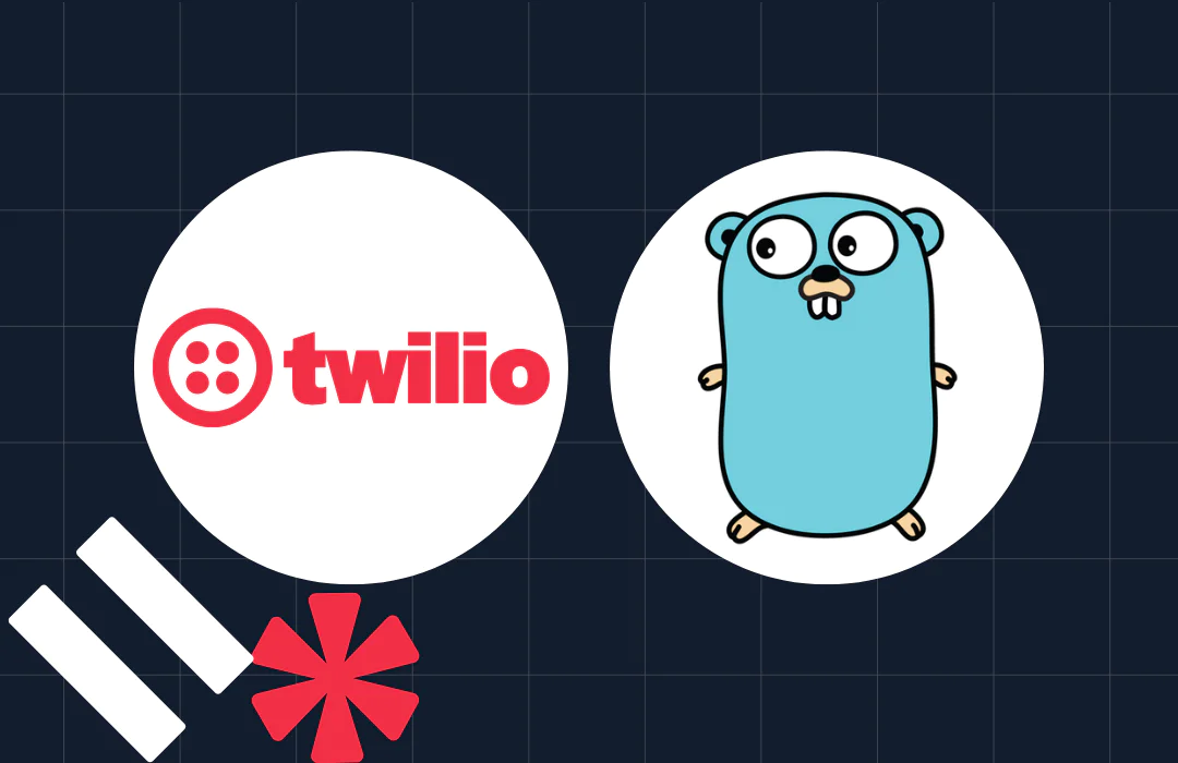 Twilio and Golang logos on a dark grid background with a red asterisk and white pause icons.