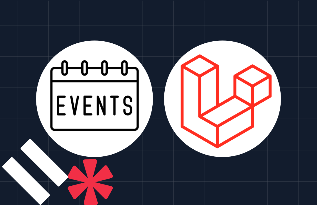 Illustration of events calendar icon and Laravel logo on a dark grid background.