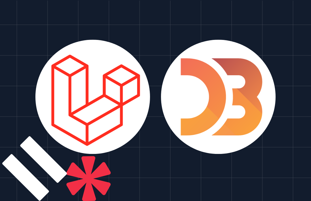 Logos of Laravel (left) in red and D3.js (right) in orange on a dark grid background