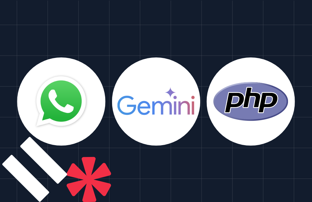 Logos of WhatsApp, Gemini, and PHP placed in white circles on a dark grid background with extra symbols.