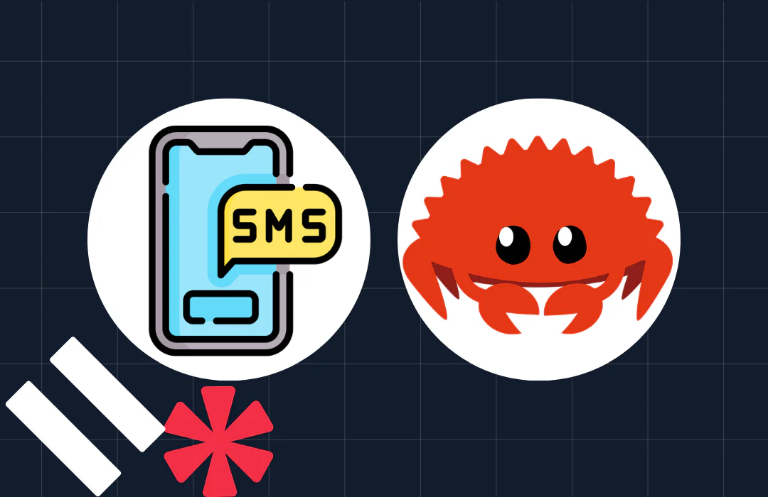 Icon of a phone with SMS notification and a cartoon crab illustration on a grid pattern background.