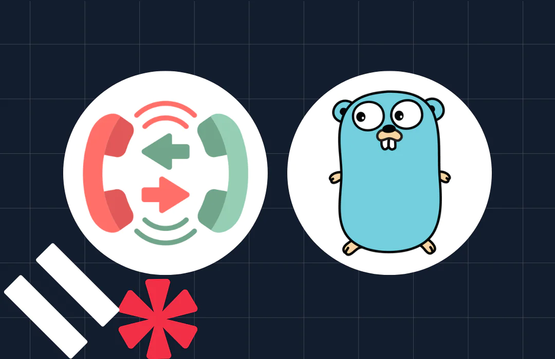 Go programming language mascot and red-green call icon on a dark graph-paper background with symbols.
