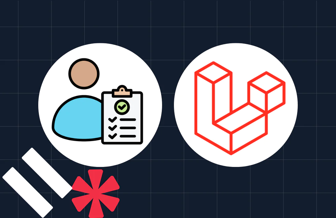 Icons of a person with a checklist and the Laravel logo on a grid-patterned dark background.