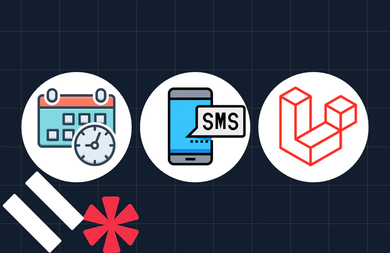 Icons for scheduling, SMS notifications, and Laravel framework on a grid background.