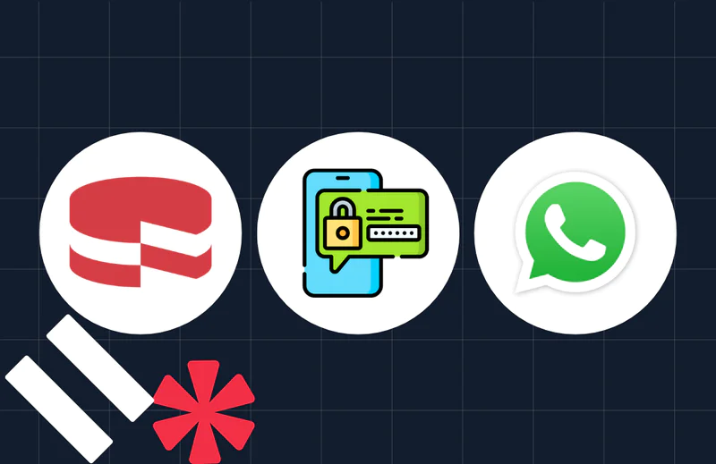 Icons representing a database, secure communication, and WhatsApp against a dark grid background.