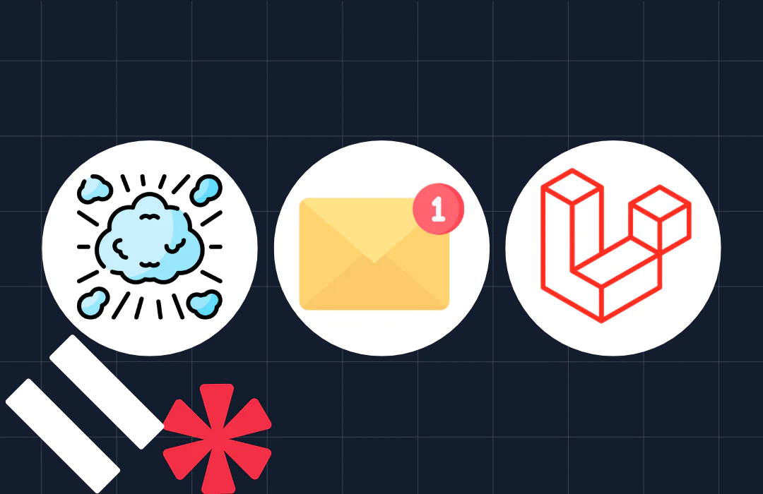 Three icons representing cloud computing, an email notification, and the Laravel framework on a dark background.