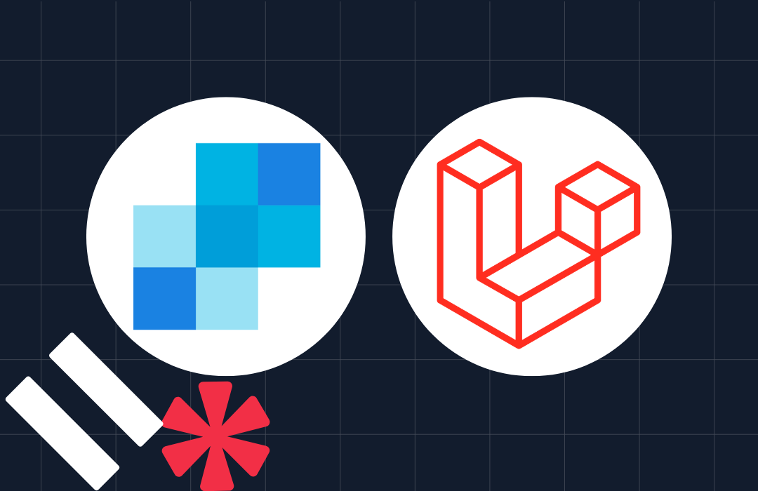 Icons of SendGrid (left) and Laravel (right) on a dark grid background with additional graphic elements.