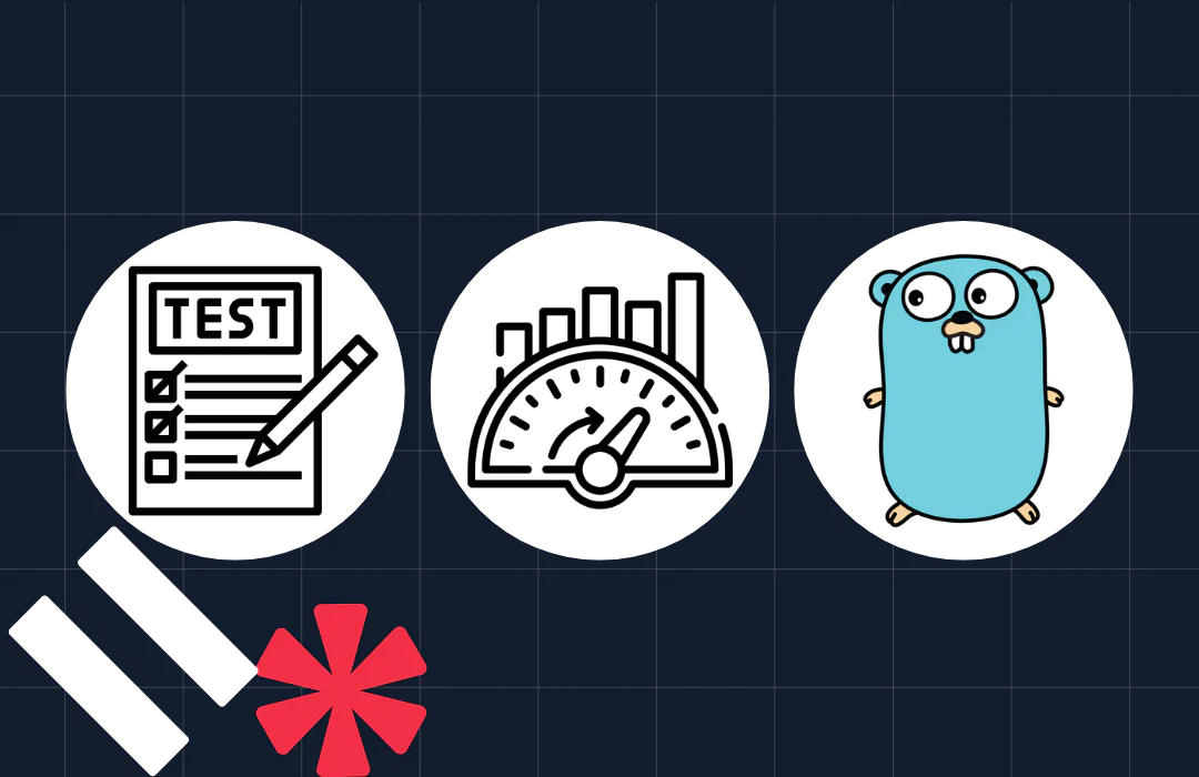 Icons of a test, performance gauge, and a blue gopher on a dark grid background with red and white shapes.
