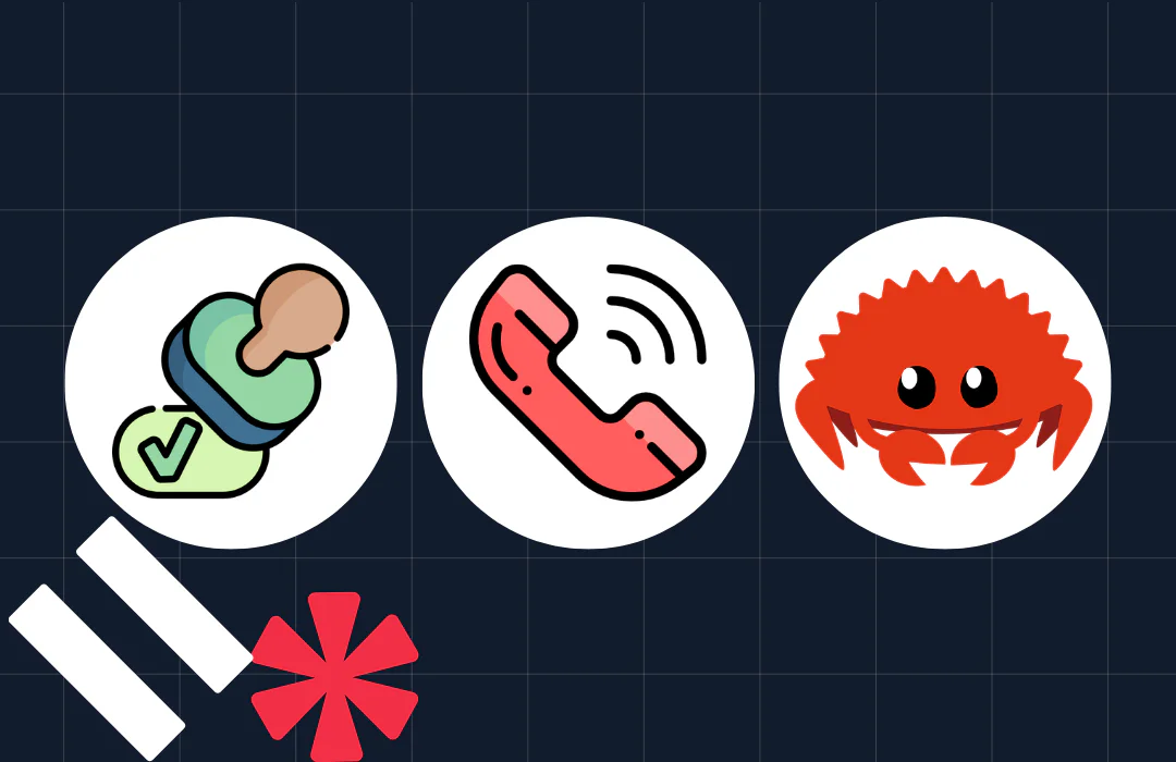 Icons of a stamp, a phone, and a crab on a grid background with a red asterisk and white bars.