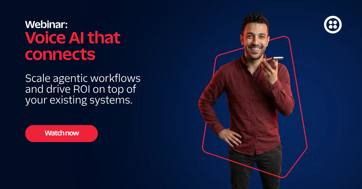 Man promoting a webinar on Voice AI to improve workflows and ROI.