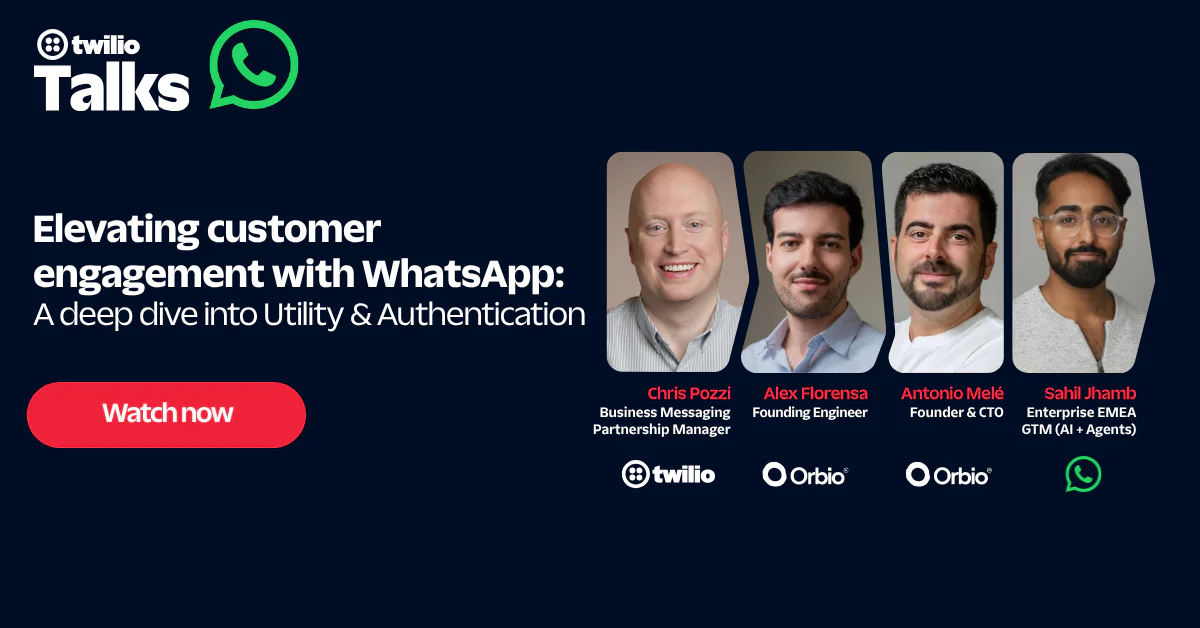 Twilio Talks webinar discussing WhatsApp customer engagement with four speakers displayed.