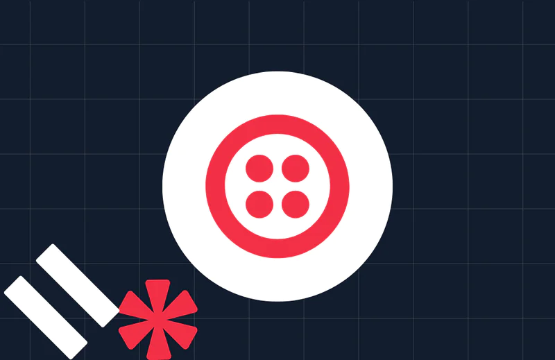 Red button icon on a white circle with red and white geometric shapes on a dark grid background.