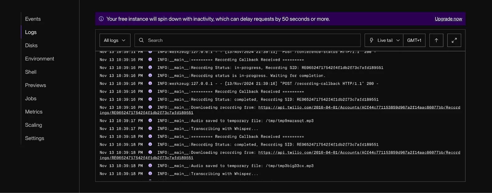 Render server logs showing when recording has started and when the transcription started.  