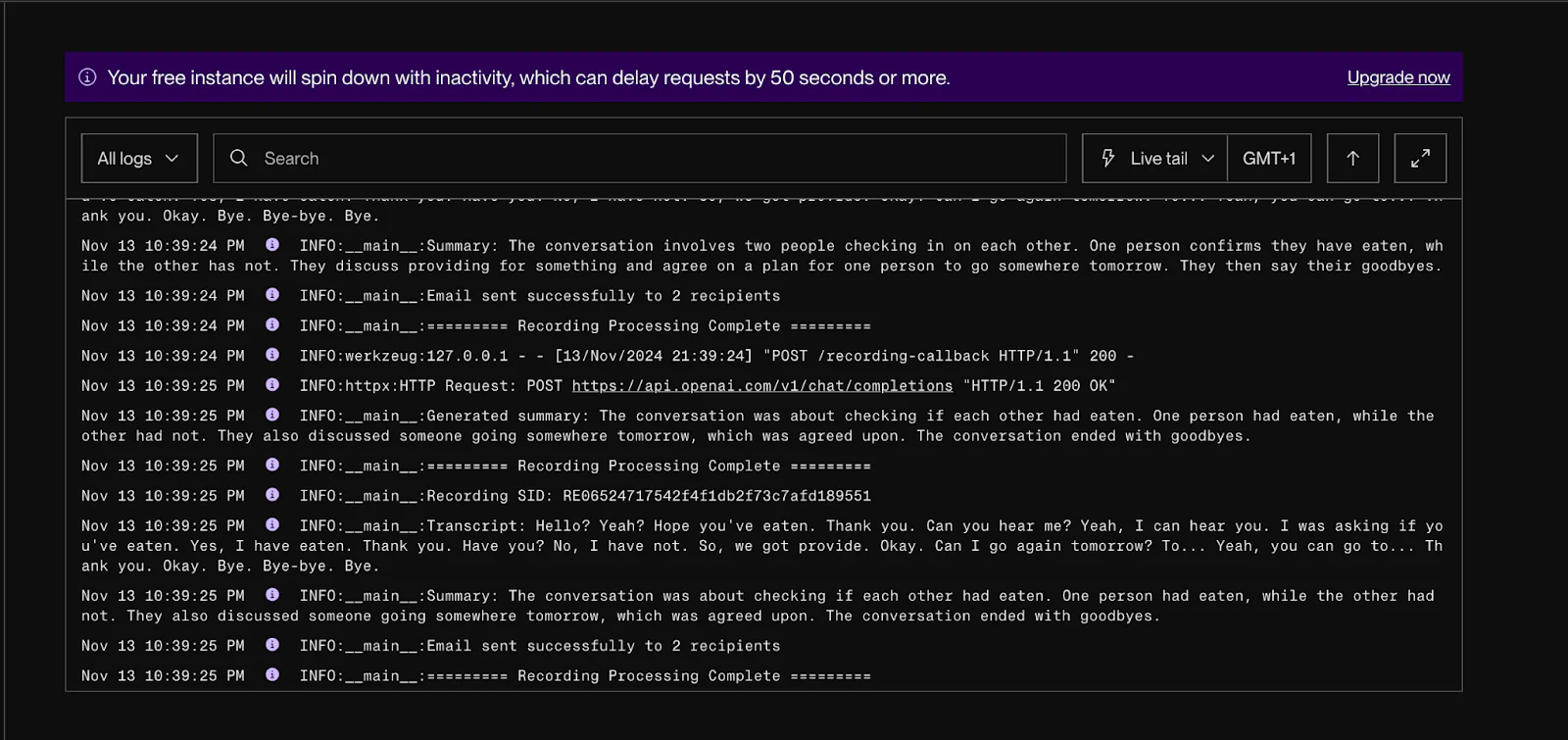 Render server logs showing how audio recording of conference is being downloaded, transcribed and the summary being generated.