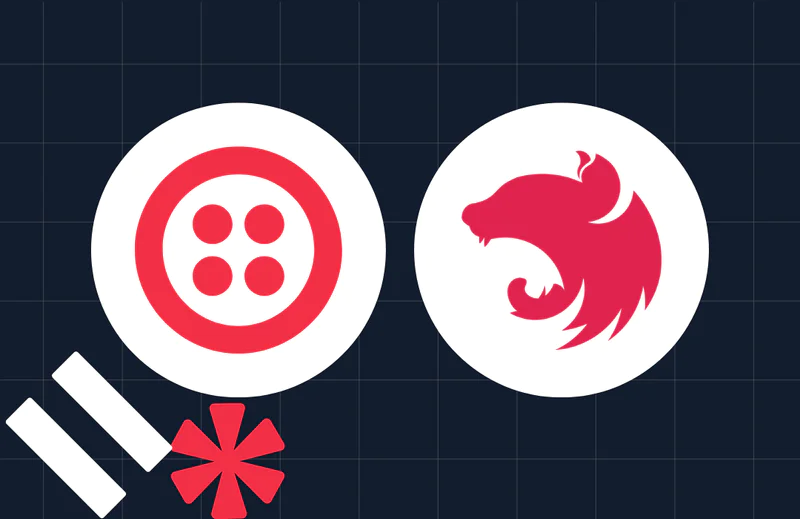 Two modern tech logos, one resembling a button and the other resembling an animal, on a dark grid background.