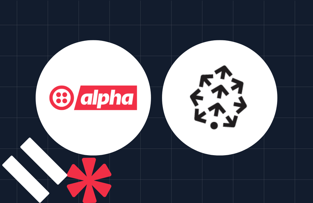 Two circular logos, one with alpha in red, another with arrows pointing outward, on a dark grid background.