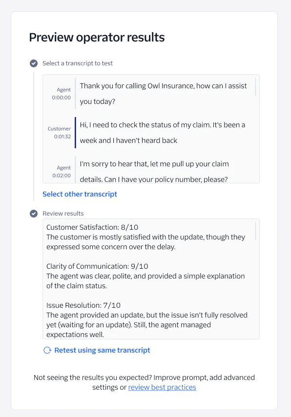Screenshot of call center operator results from Owl Insurance, showing customer satisfaction and issue resolution metrics.