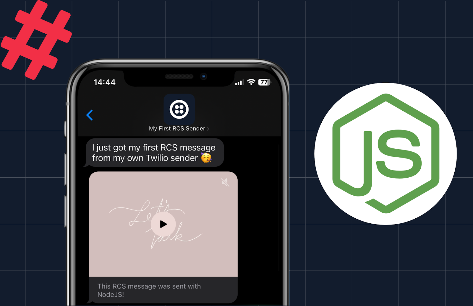 Smartphone showing Twilio RCS message with Node.js logo and a red hashtag symbol.