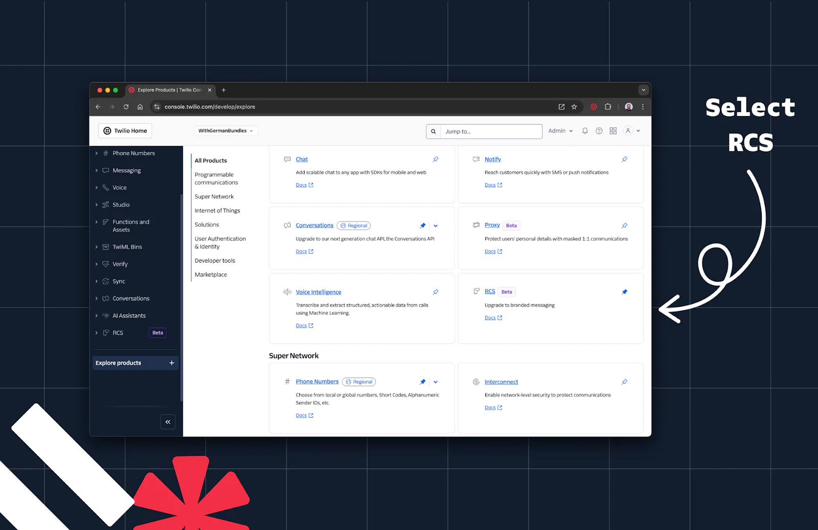 A web dashboard showing communication API options including chat, conversations, voice, app, and RCS