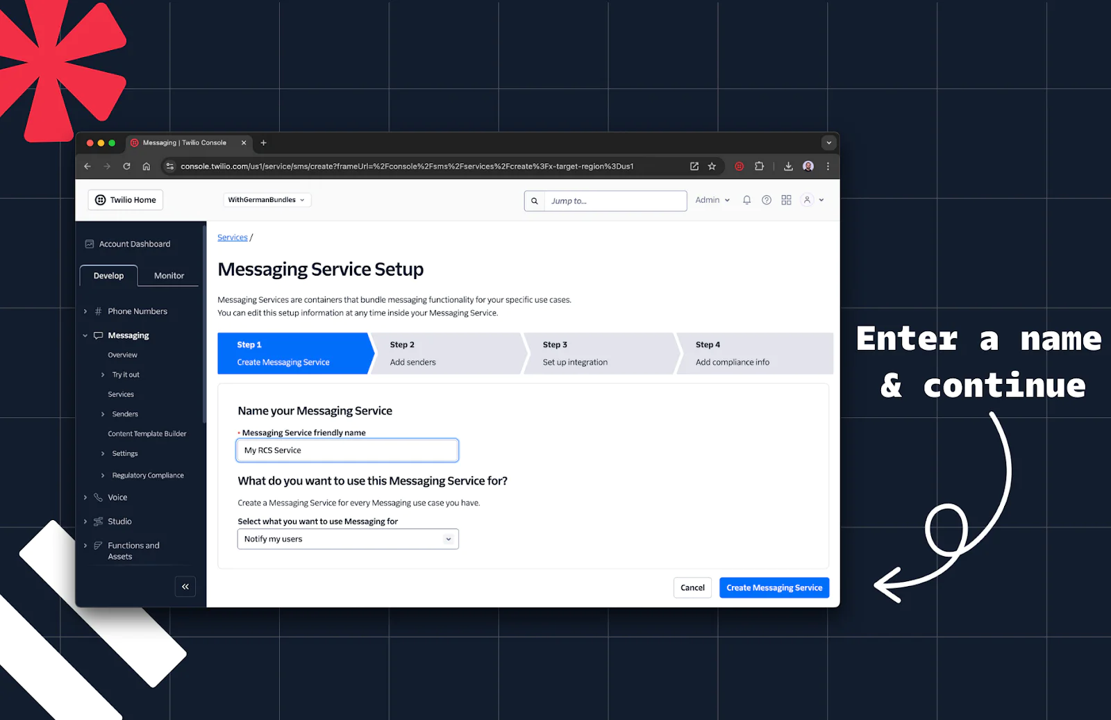 Trello setup screen for creating a new Messaging Service with input fields and step-by-step instructions.