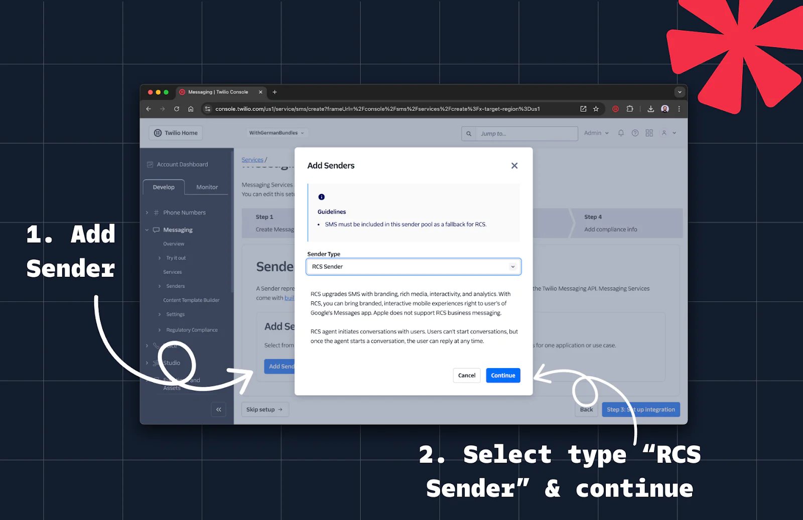 Interface for adding an RCS sender in a messaging platform, with steps and instructions highlighted.