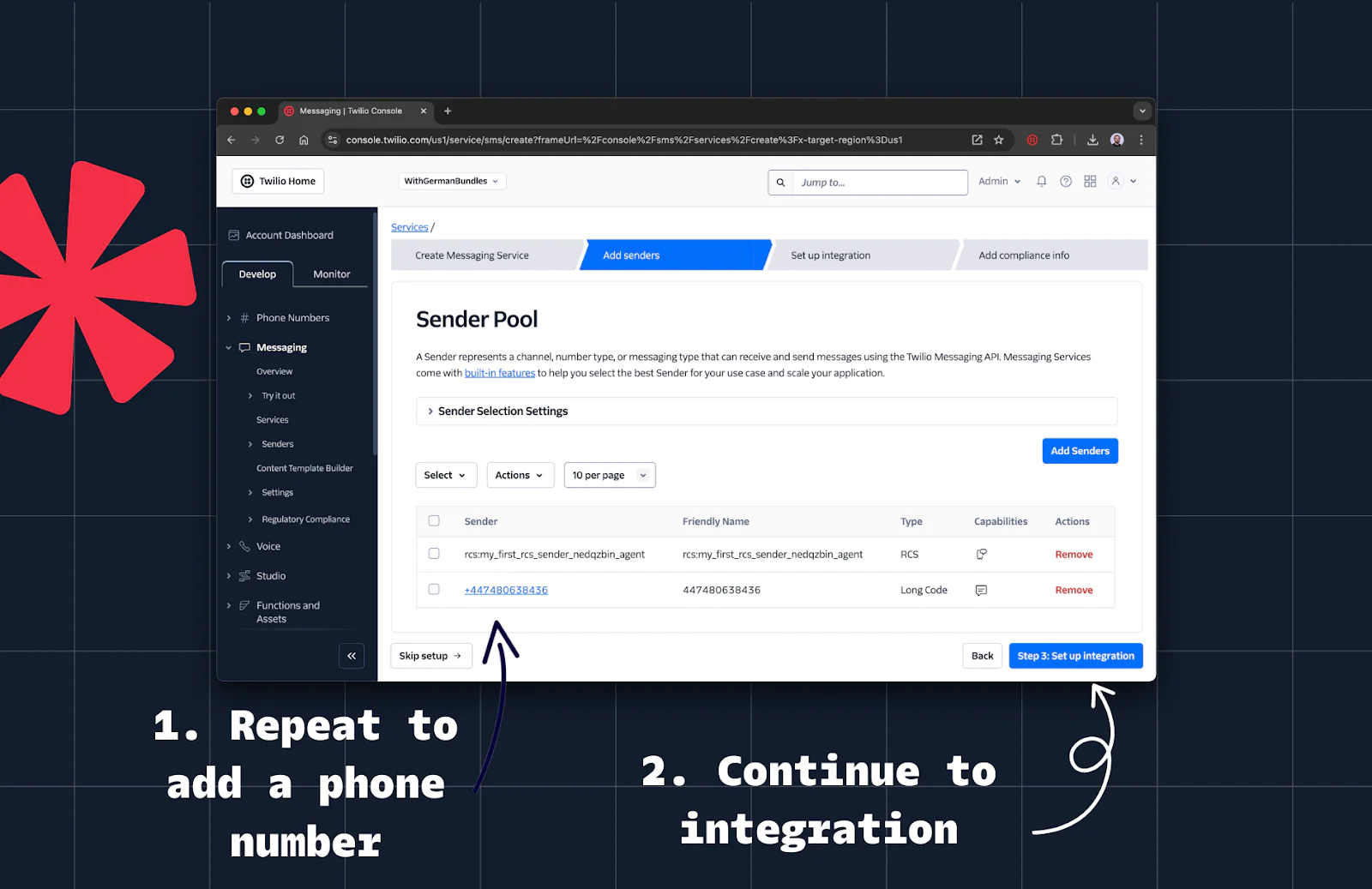 Screenshot of sender pool settings in a messaging app with instructions to add a phone number and continue to integration.