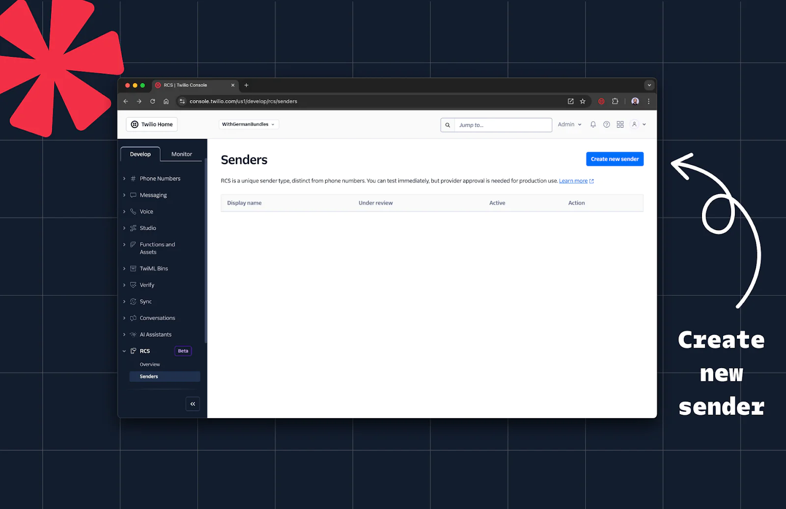 Web application interface showing the 'Senders' page with a sidebar and a button to create a new sender.