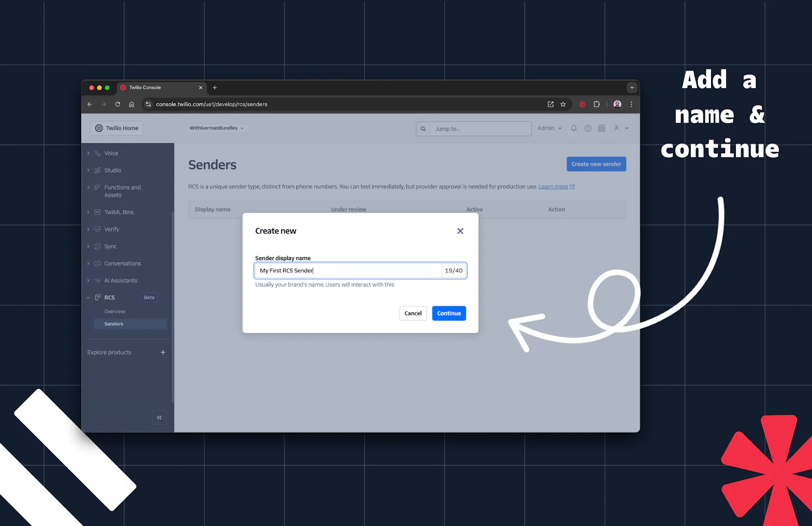 Twilio console showing form to enter a display name for a new sender with an arrow pointing to the Continue button.