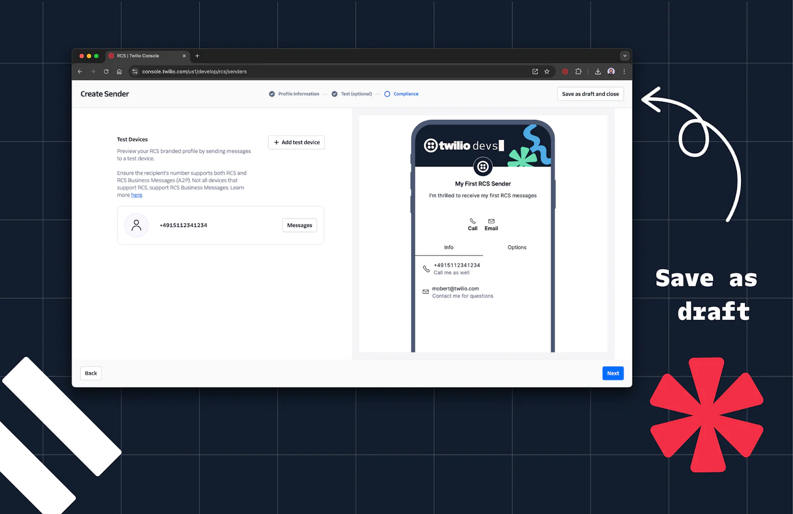 Web interface for creating a sender in Twilio Devs II with options to add a device, visible phone number, and draft save option.