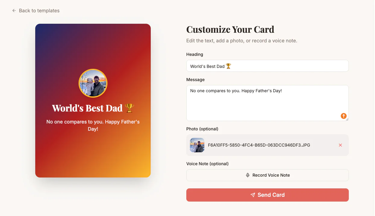 Interface for creating a customizable Father's Day card with heading, message, photo, and voice note options.