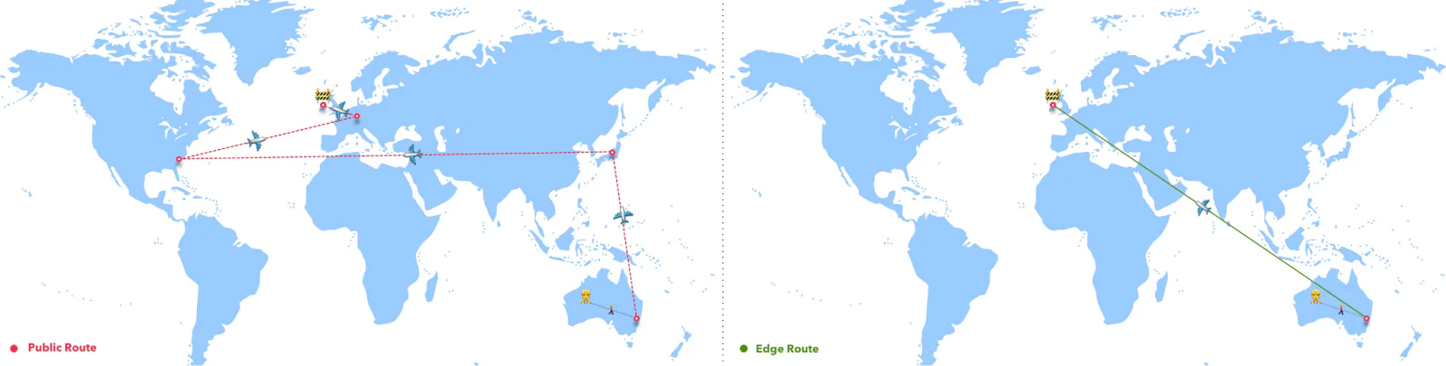 Two world maps showing Twilio public route sand an edge route between several cities.