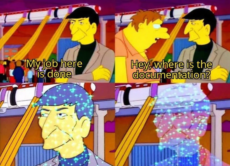 Comic character vanishes after saying My job here is done, asked Where is the documentation?