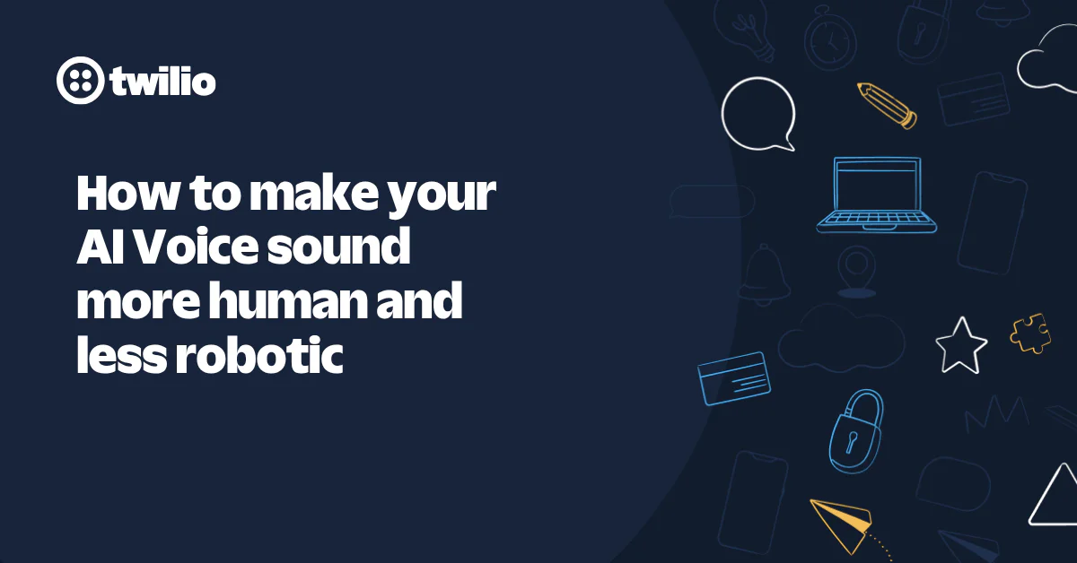 Twilio guide on making AI voice sound more human with icons including laptop, lock, and chat bubbles.