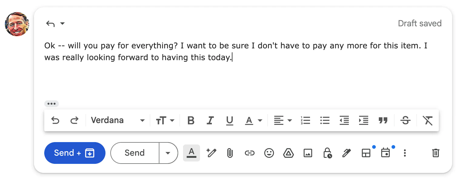 Screenshot of an email draft asking for payment confirmation and expressing eagerness for the item's arrival.