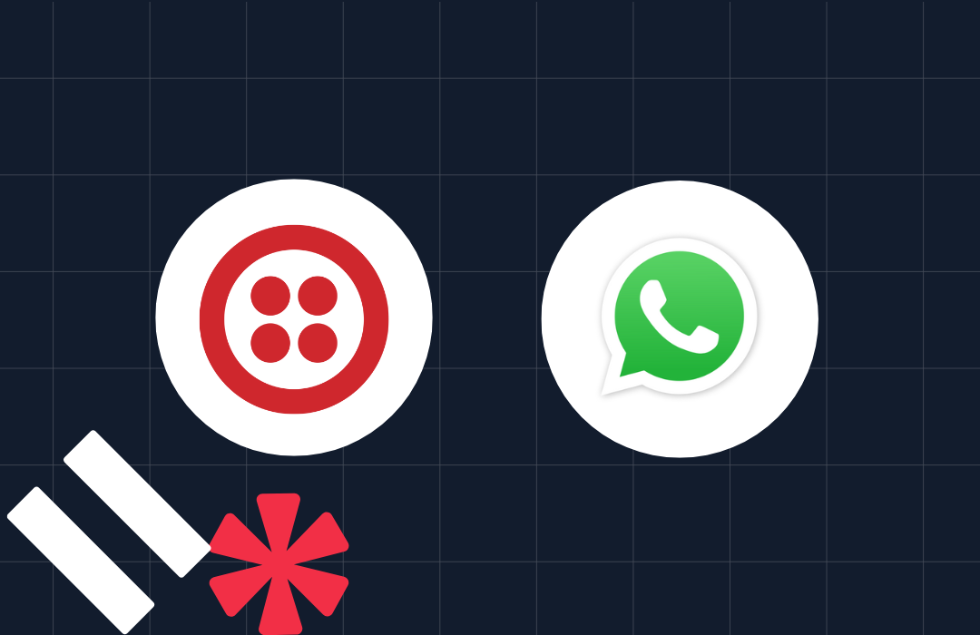 Red Twilio logo and green WhatsApp logo on a dark grid background.