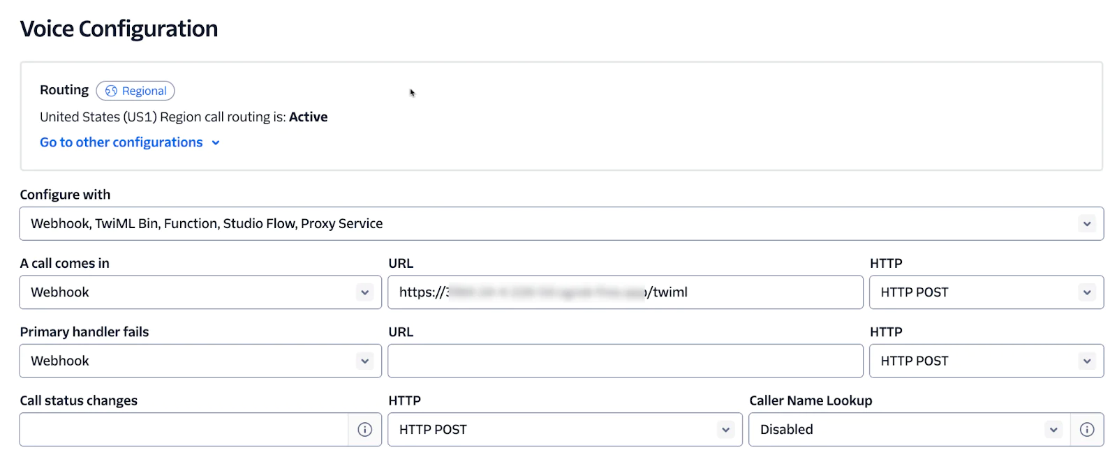 Twilio Voice Configuration screen showing settings for call routing using Webhooks and HTTP methods.