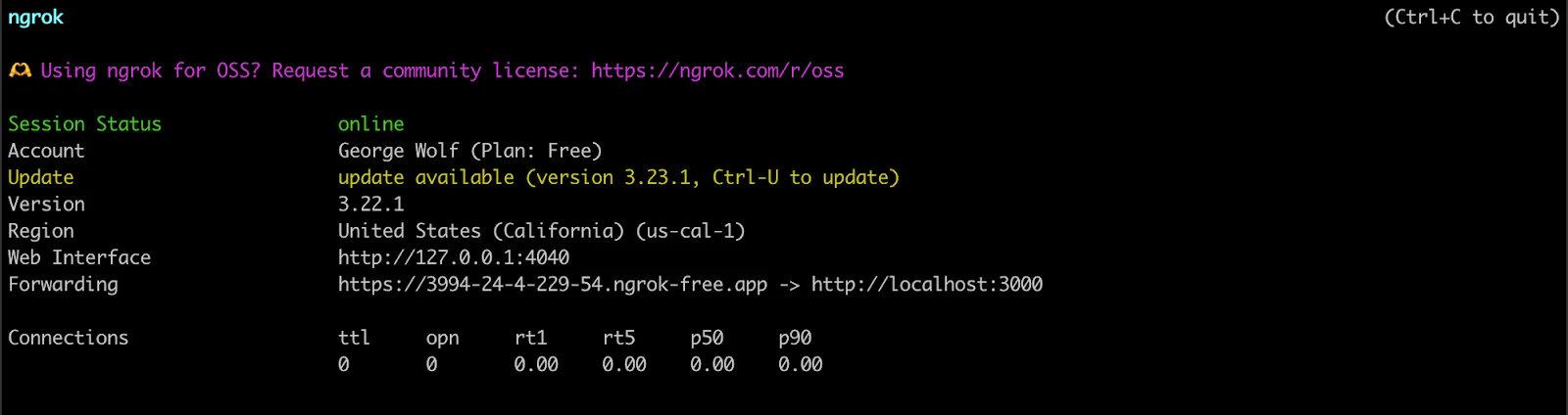 Screenshot showing Ngrok's session status, account info, and connection details with update information.