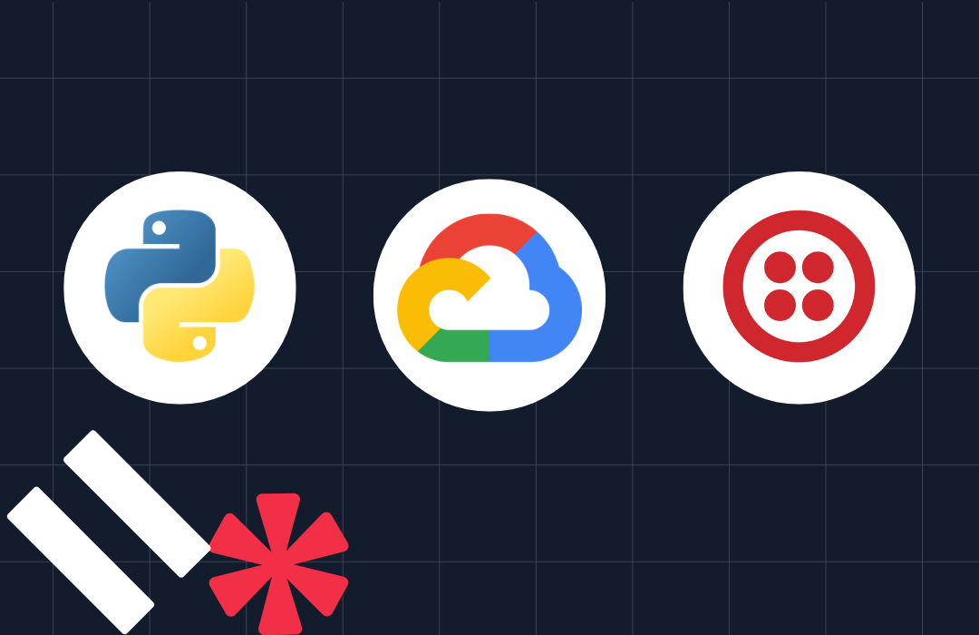 Python, Google Cloud, and Twilio logos on dark background with additional white and red symbols.