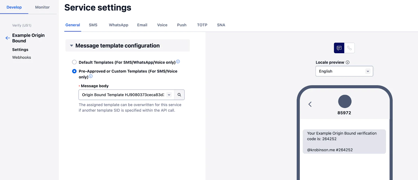Verify service settings with pre-approved template selected