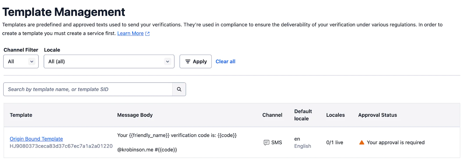 Template dashboard showing custom domain bound template pending approval
