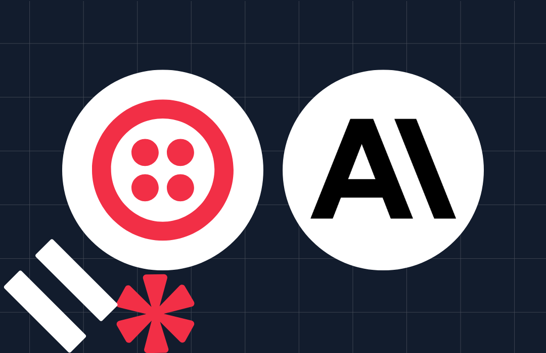 Twilio and AI logos displayed side by side on a dark grid background with additional graphic elements.