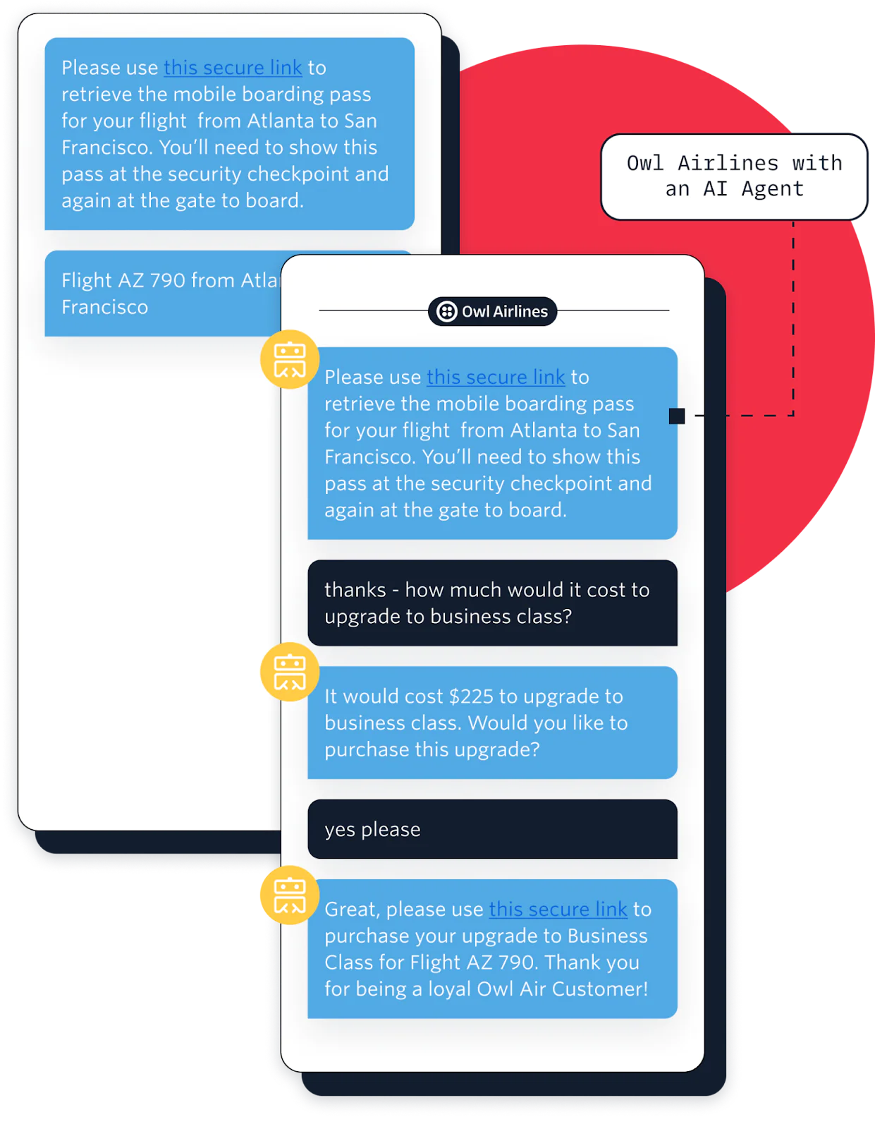 An AI chatbot assists a passenger with upgrading to business class for a flight from Atlanta to San Francisco. An AI chatbot assists a passenger with upgrading to business class for a flight from Atlanta to San Francisco.