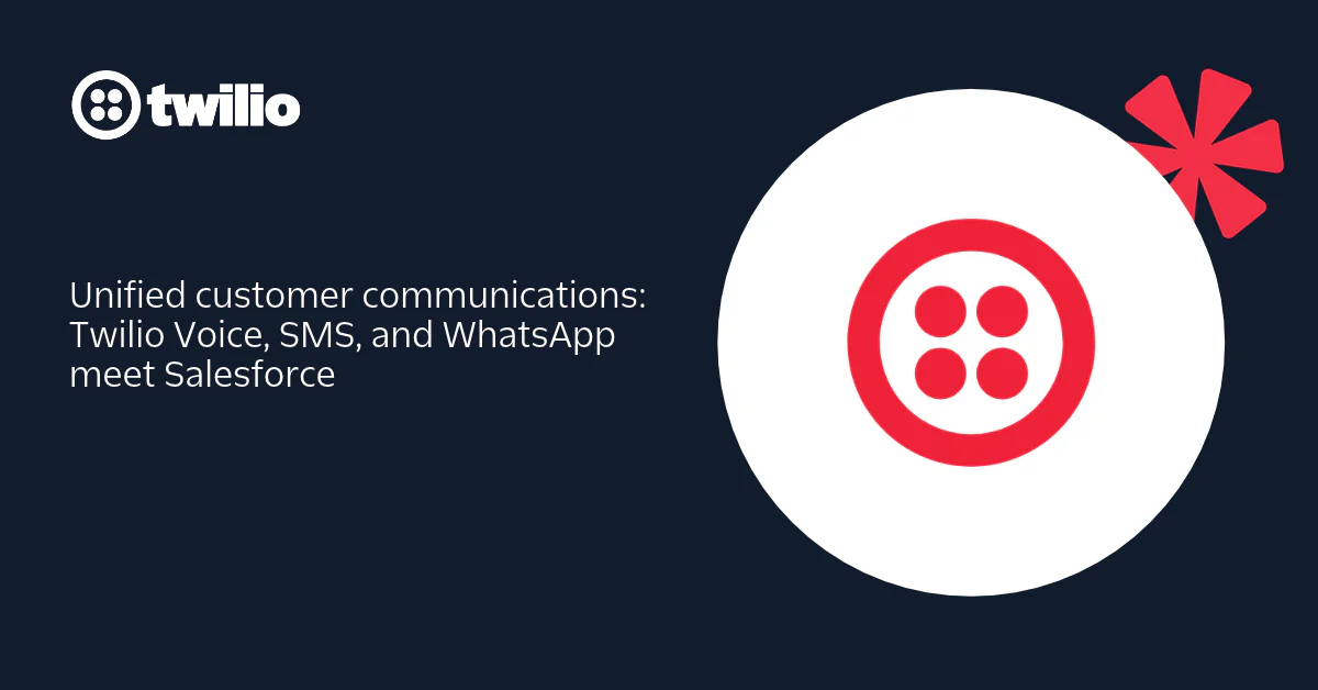 Twilio logo with text describing voice, SMS, and WhatsApp integration with Salesforce.
