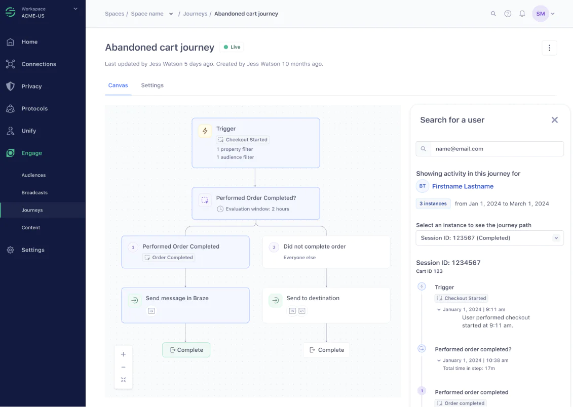Workflow screen showing steps to handle abandoned cart scenarios with actions and triggers.