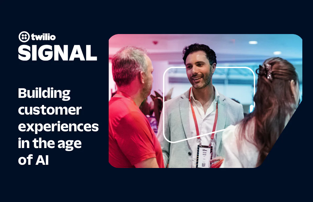 People networking at Twilio SIGNAL conference, highlighting AI in customer experiences.