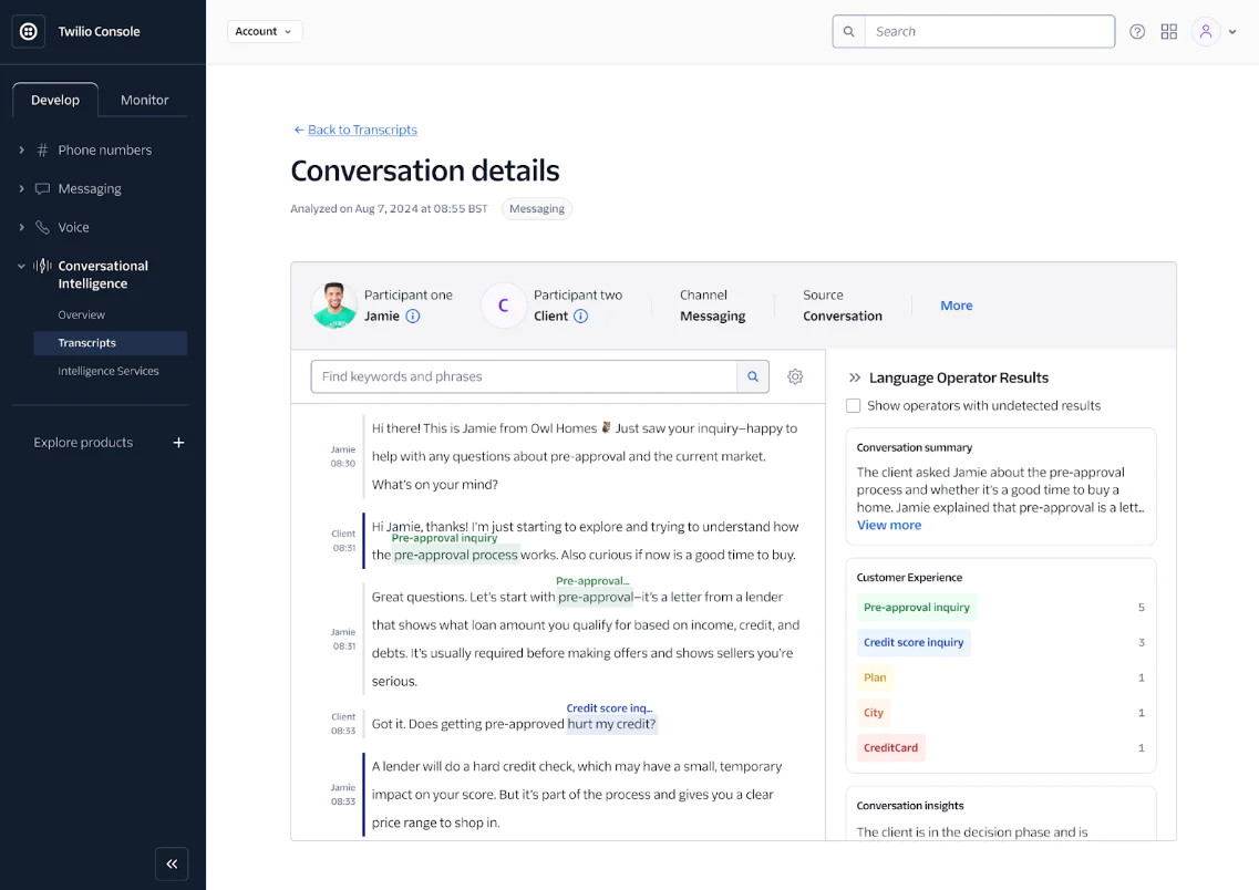 Screenshot of Twilio Console showcasing conversation details between a customer and an operator with analytics summary.