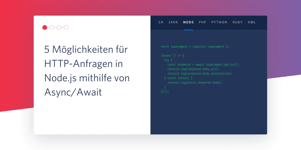 German tutorial on 5 methods for making HTTP requests in Node.js using async/await with code snippets.