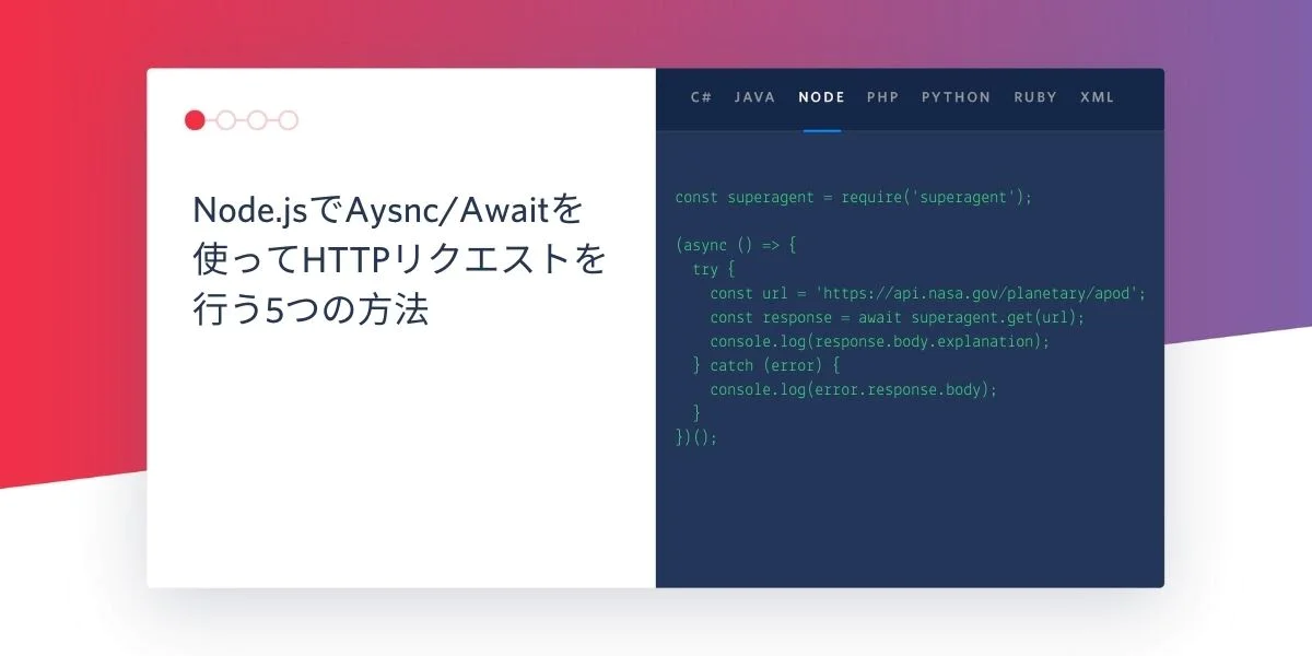 Screenshot showing Node.js code with async/await to make an HTTP request and explanation text in Japanese.